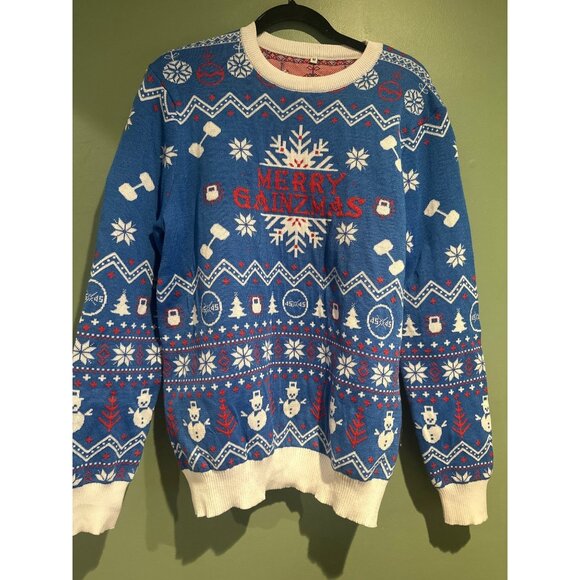 Men’s Merry Size M Gainzmas Christmas Sweater Gym Holiday Ugly Funny Lift Style - Picture 1 of 5